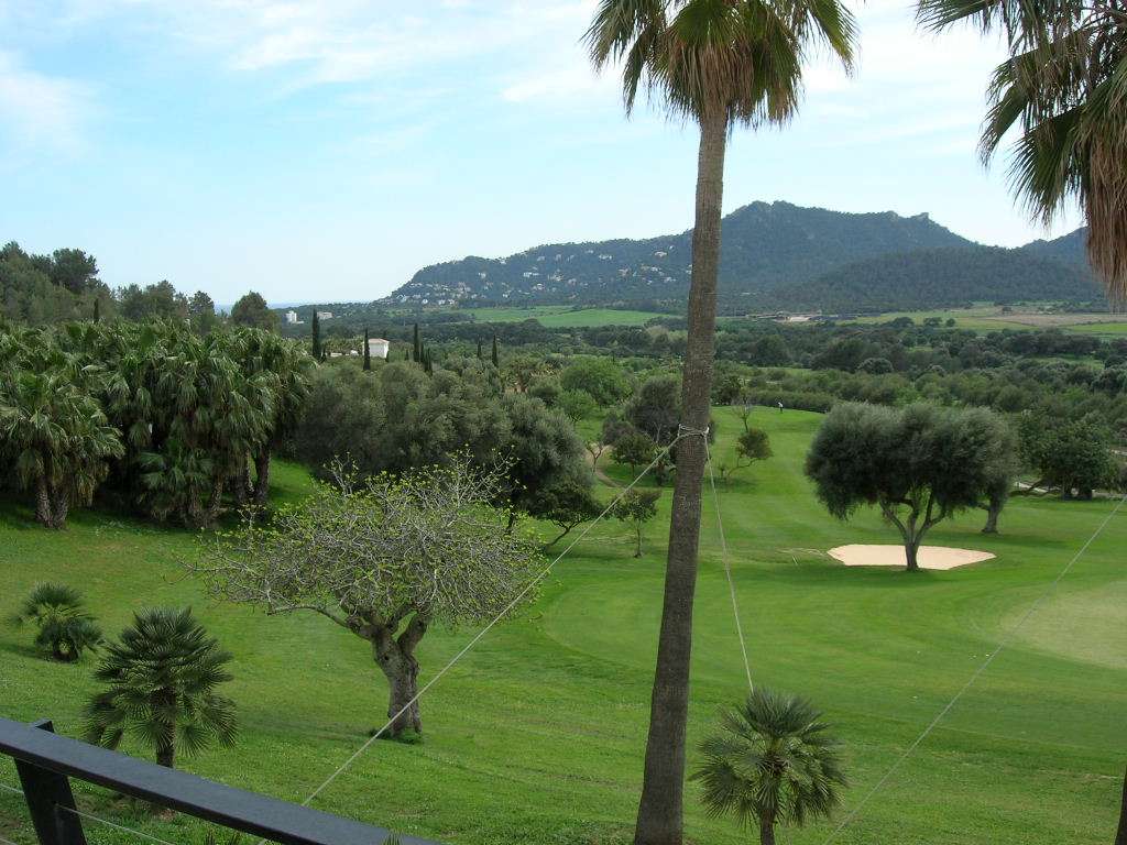 Campo de golf con palmeras y montañas en el sur de Mallorca