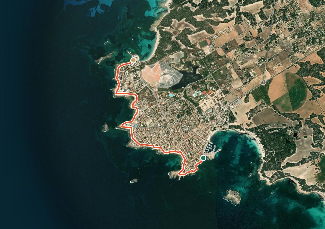 Verlauf der Uferpromenade von Colònia de Sant Jordi, von Es Port bis zum Universal Hotel Marqués